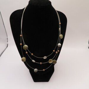 Floating Wire Gold Silver Tone Hammered Discs and Beads Necklace